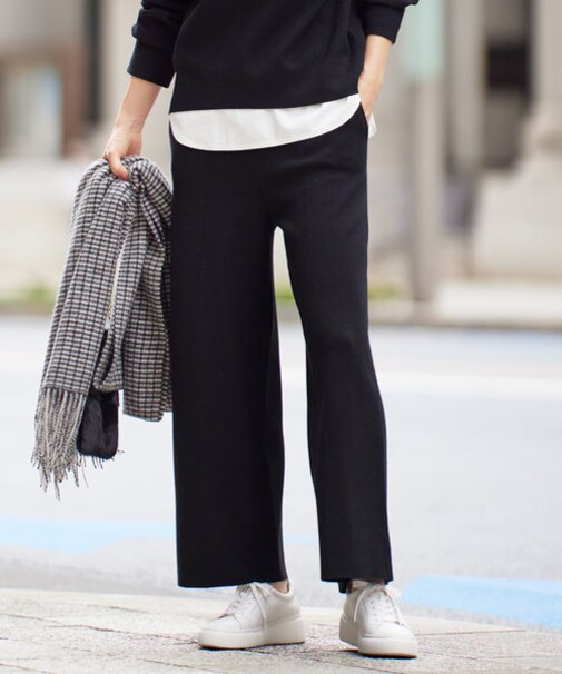 【セットアップ対応・洗える】レーヨンストレッチニットワイド パンツ