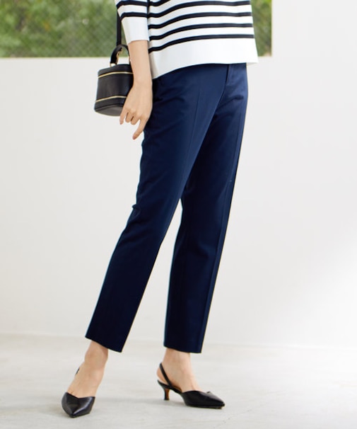 【接触冷感・洗える】コットンサテンストレッチテーパード パンツ