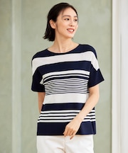 【UVカット・洗える】クレープストレッチボーダー ニット