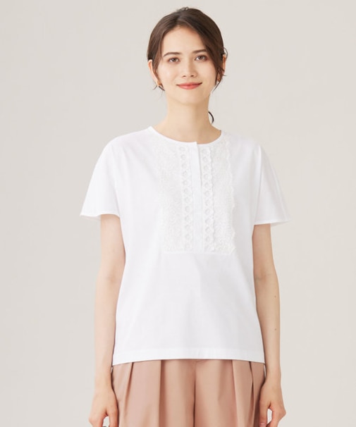 【洗える】コード刺繍胸元レース カットソー