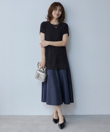 【カタログ掲載・洗える】ハイツイストコットンアセテート異素材コンビ ワンピース