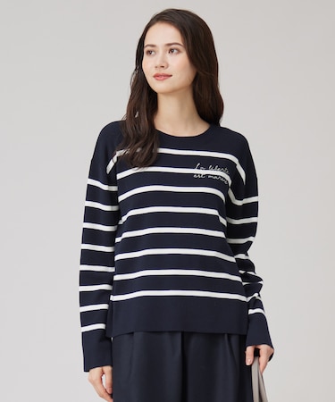 【洗える】コットンウールハイゲージボーダー ニット