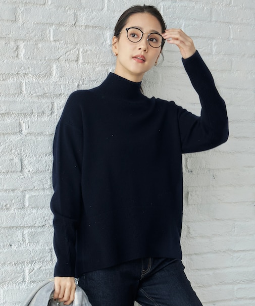 【洗える】ウールカシミヤブレンドラメスパンコールハイネック ニット