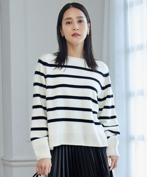 【洗える】ウールカシミヤブレンドボーダークルーネック ニット