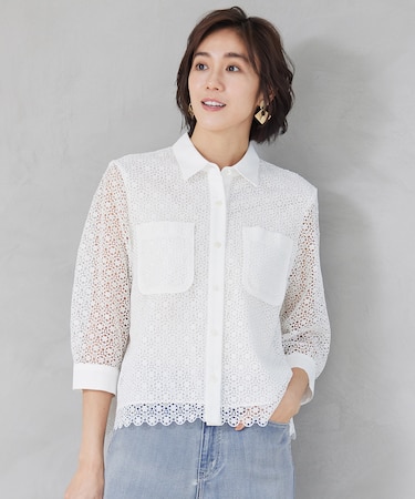 【ドラマ「明日はもっと いい日になる」着用】【洗える】ジオメトリックフラワーレースクロップド丈シャツ ブラウス