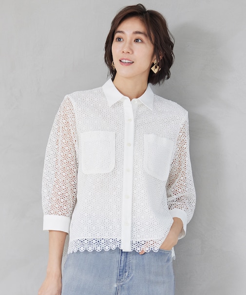 【ドラマ「明日はもっと いい日になる」着用】【洗える】ジオメトリックフラワーレースクロップド丈シャツ ブラウス