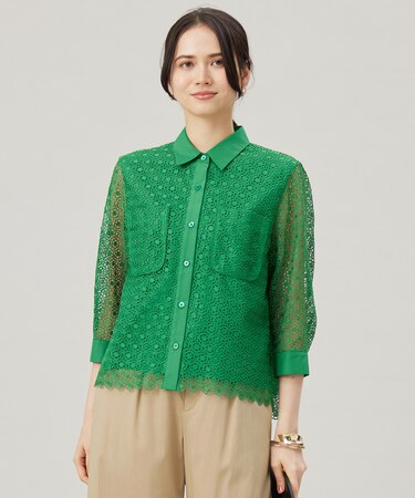 【ドラマ「明日はもっと いい日になる」着用】【洗える】ジオメトリックフラワーレースクロップド丈シャツ ブラウス