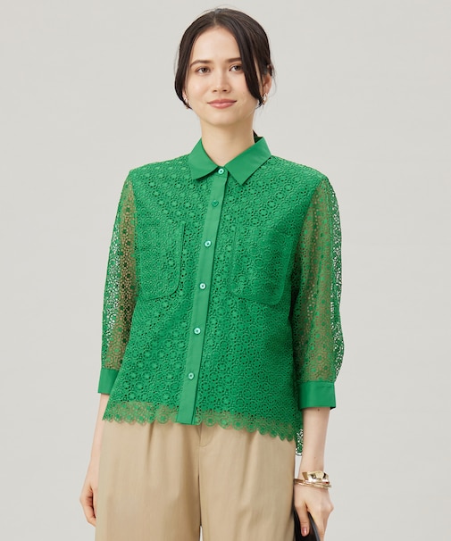 【ドラマ「明日はもっと いい日になる」着用】【洗える】ジオメトリックフラワーレースクロップド丈シャツ ブラウス