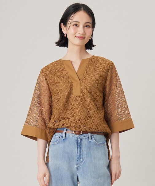 【洗える】ジオメトリックフラワーレースプルオーバー ブラウス