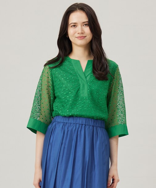 【洗える】ジオメトリックフラワーレースプルオーバー ブラウス