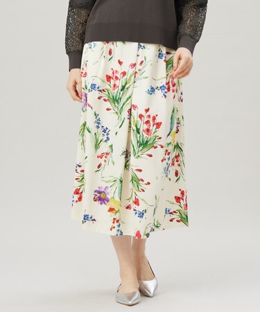 【洗える】ペイントタッチフラワープリント スカート