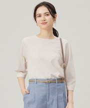 【接触冷感・UVカット・洗える】ストライプコットンハイゲージフォルムスリーブ カットソー