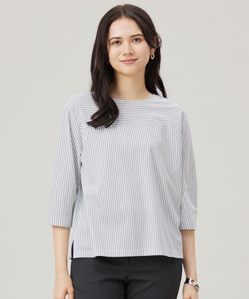 【接触冷感・UVカット・洗える】ストライプコットンハイゲージフォルムスリーブ カットソー