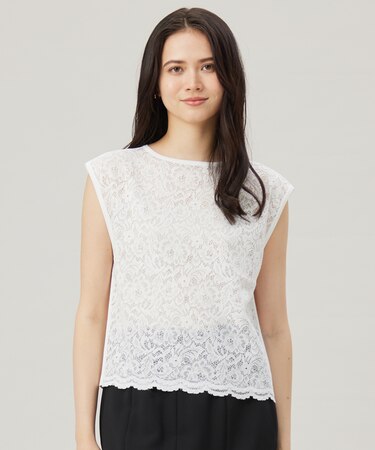 【洗える】クレープストレッチレースコンビ ニット