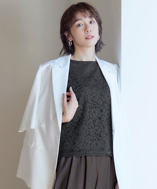 【洗える】クレープストレッチレースコンビ ニット