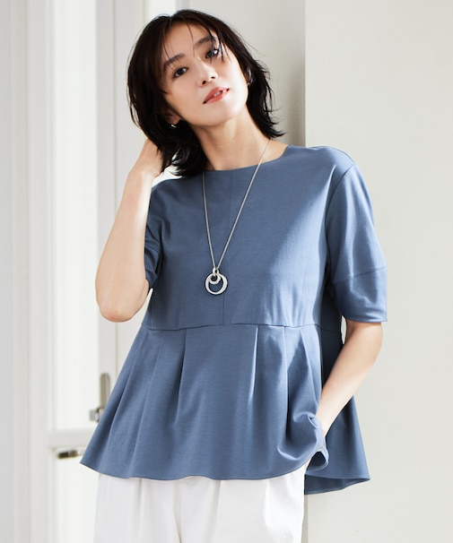 【接触冷感・UVカット・吸水速乾・抗菌防臭・洗える】ハイツイストポンチペプラム カットソー