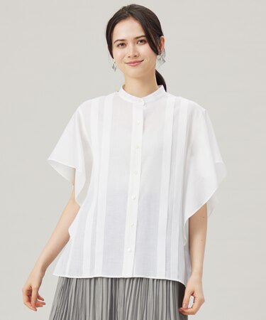 【接触冷感・吸水速乾・洗える】ナチュラルリネンフレア袖 シャツ