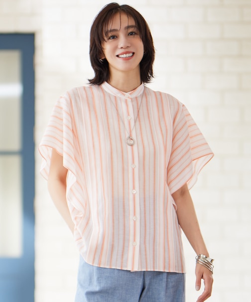 【接触冷感・吸水速乾・洗える】ナチュラルリネンフレア袖 シャツ