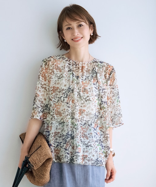 【セットアップ対応・洗える】ボタニカルフラワープリント ブラウス