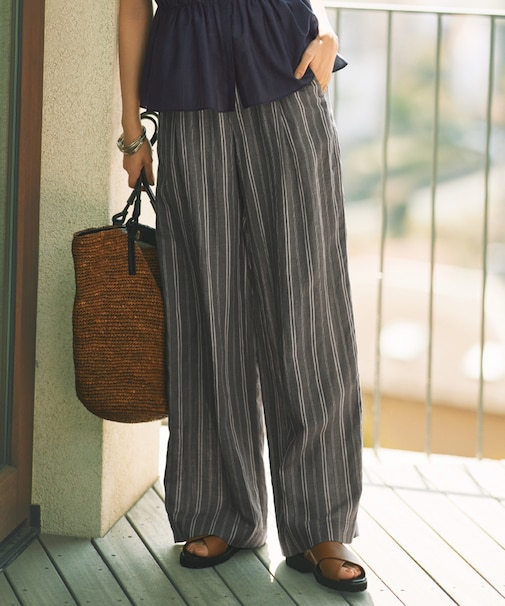【カタログ掲載・セットアップ対応・洗える】リネンビスコースストライプドロスト パンツ