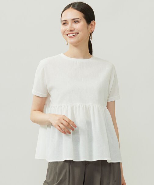 【洗える】リネンサッカーコンビペプラム カットソー