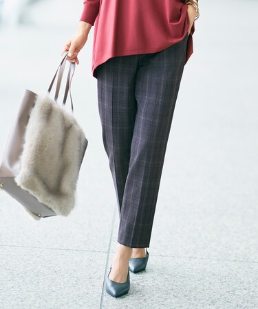 TRギャバ裏起毛チェック柄テーパード パンツ