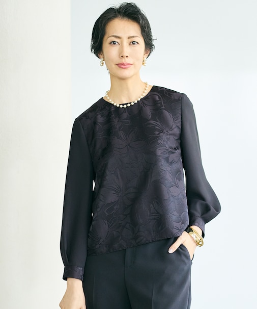 【カタログ掲載・セットアップ対応】フラワーオパールプリントブロッキング ブラウス