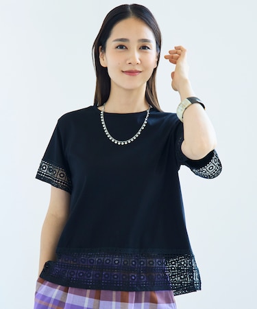 【色違いで揃える方多数・汗ジミ防止】ナチュラルコットンハイゲージレースドッキング Tシャツ