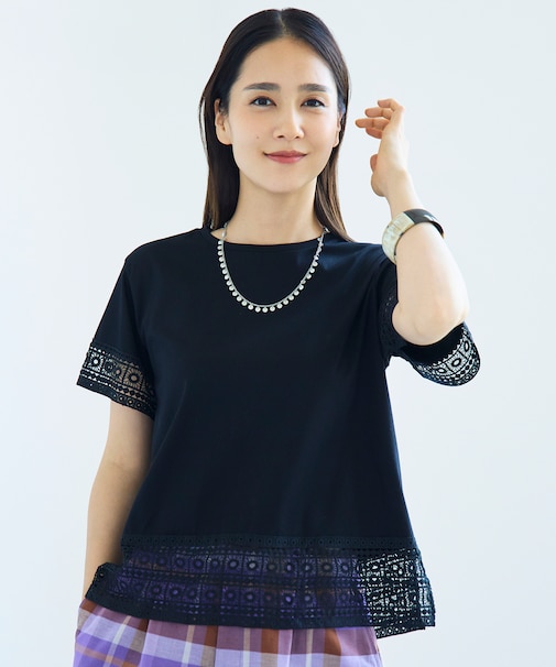【色違いで揃える方多数・汗ジミ防止】ナチュラルコットンハイゲージレースドッキング Tシャツ