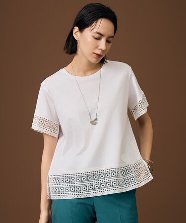 【色違いで揃える方多数・汗ジミ防止】ナチュラルコットンハイゲージレースドッキング Tシャツ