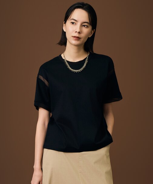 【汗ジミ防止】ナチュラルコットンハイゲージシアーアクセント Tシャツ