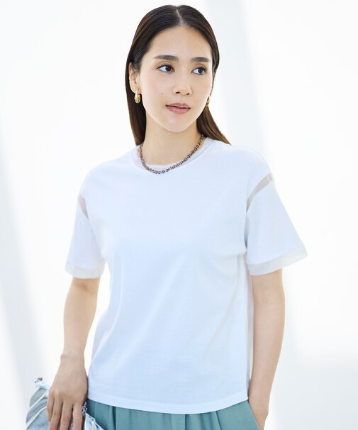 【汗ジミ防止】ナチュラルコットンハイゲージシアーアクセント Tシャツ
