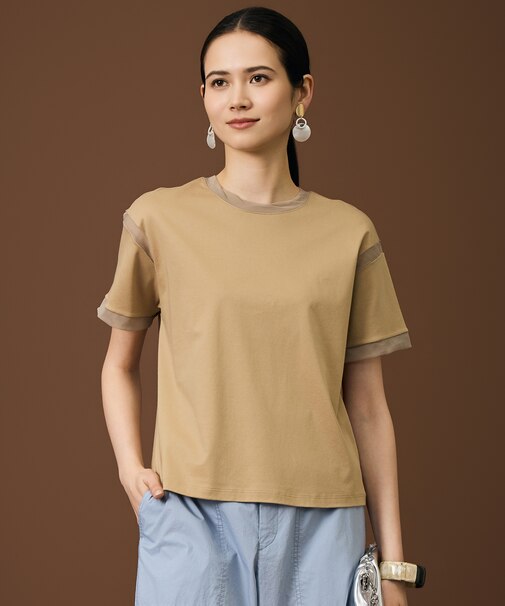 【汗ジミ防止】ナチュラルコットンハイゲージシアーアクセント Tシャツ