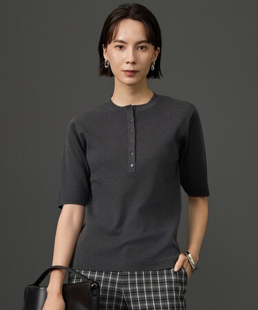 【SHIHOさん着用・トレンド感抜群】シアーシルクブレンドヘンリーネック ニット
