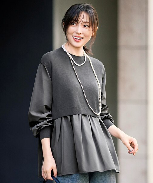 【SHIHOさん着用・一枚でコーディネート完成】スムージーカシミヤレイヤード風ニット プルオーバー