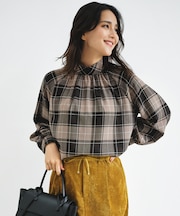 【カタログ掲載・セットアップ対応・品よく華やぐ】TWハイツイストビエラチェック柄スタンドカラー ブラウス