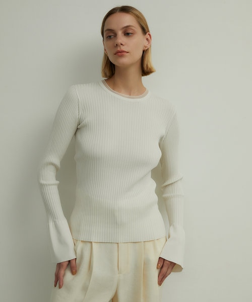 BEIGE, ベイジ　VINCA パール付き半袖コットンリブニット BEIGE, ベイジ VINCA パール付き半袖コットンリブニット