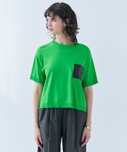【洗える】NADIA / レザーポケット付き半袖ニットTシャツ