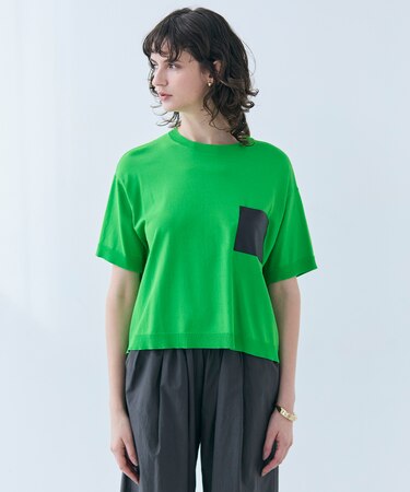 【洗える】NADIA / レザーポケット付き半袖ニットTシャツ