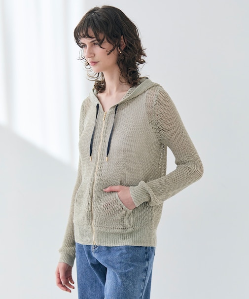 【洗える】OPTICAL / ペーパーヤーンフーディージップニット