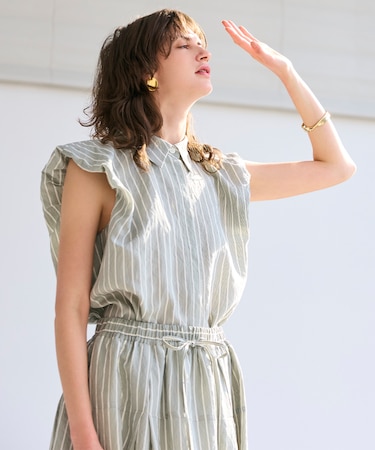 【洗える】FREESIA / バルーンスリーブストライプブラウス