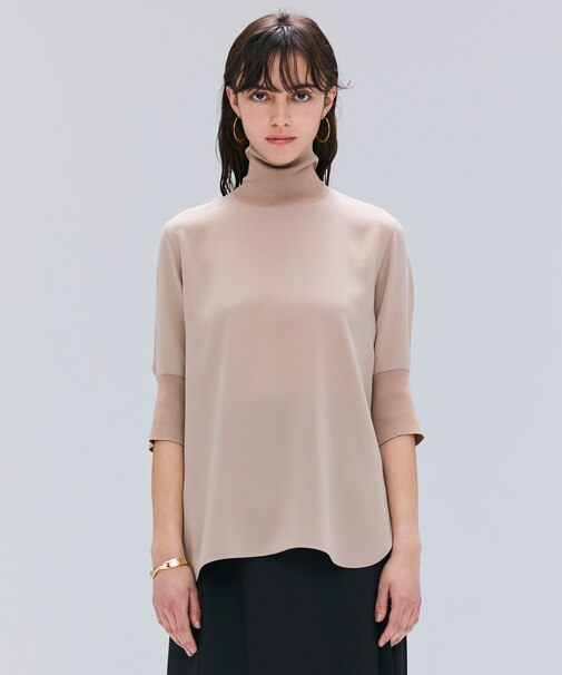 【洗える】FLEUR / ニットコンビハイネック半袖ブラウス