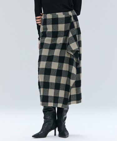 HOBBS / フェイクレザーポケットウールチェックラップスカート