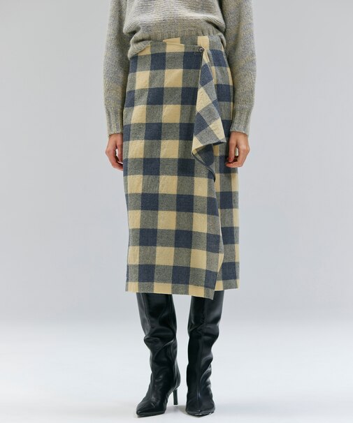 HOBBS / フェイクレザーポケットウールチェックラップスカート