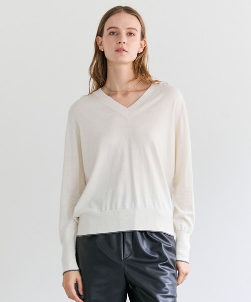 CHLOR / ウールシルクツイルドッキングVネックニット