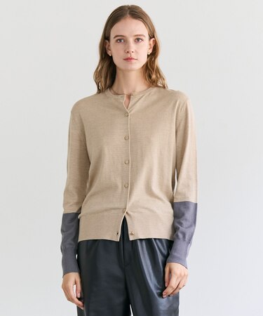 CHLOR / ウールシルク配色クルーネックカーディガン