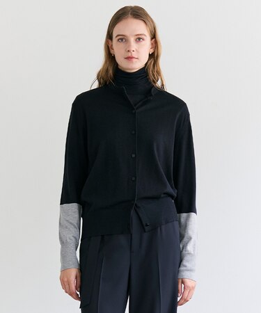 CHLOR / ウールシルク配色クルーネックカーディガン