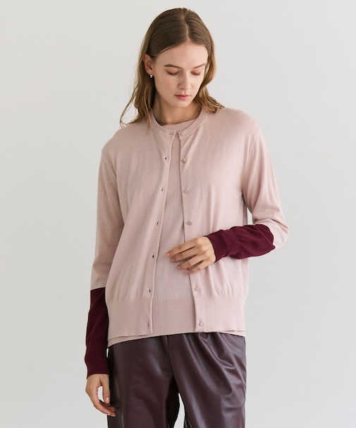 CHLOR / ウールシルク配色クルーネックカーディガン