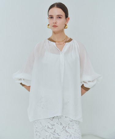 PAULINE / リネンヴィスコースフェイクレザー配色ブラウス