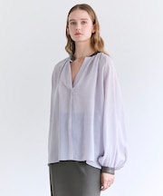 PAULINE / リネンヴィスコースフェイクレザー配色ブラウス